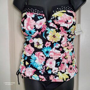 24 & Ocean Black Multi-Floral Halter Tankini & Black Side-Tie Bikini Set 22W NNW